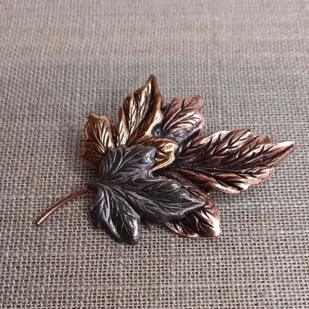 Tri Color Metallic Leaf Brooch Vintage